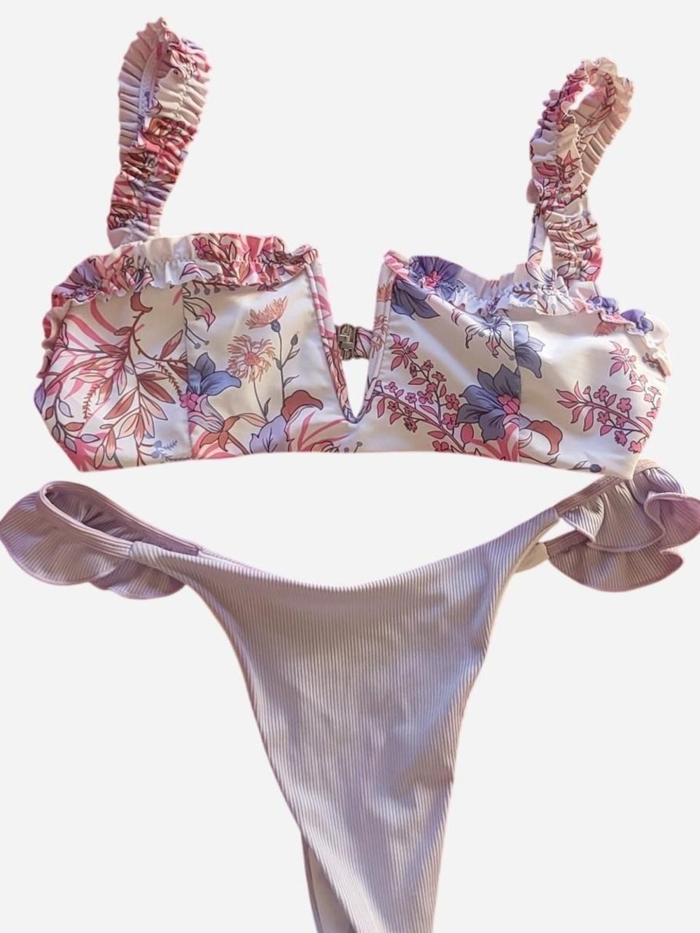 Floral 🌸 Ruffle Bandeau Bikini Top and Ribbed Bottom - Pink Lavender